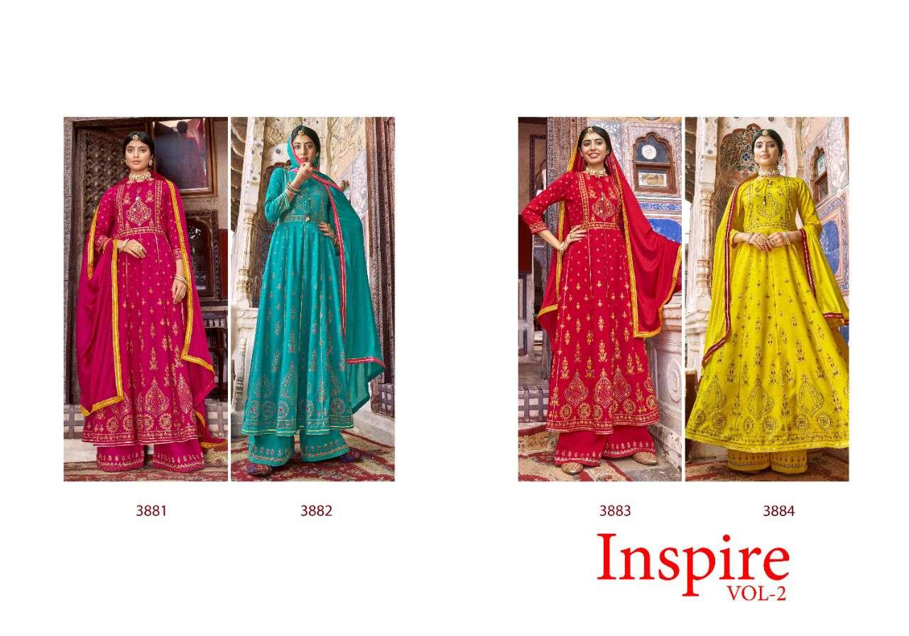 Rangoon- Inspire Vol - 2-fabric- Rayon-khatli-mirror-work-kurti-heavy Rayon-embroidery-work-lace-plazzo-pant- Chinon-fourside-border-dupatta-Index